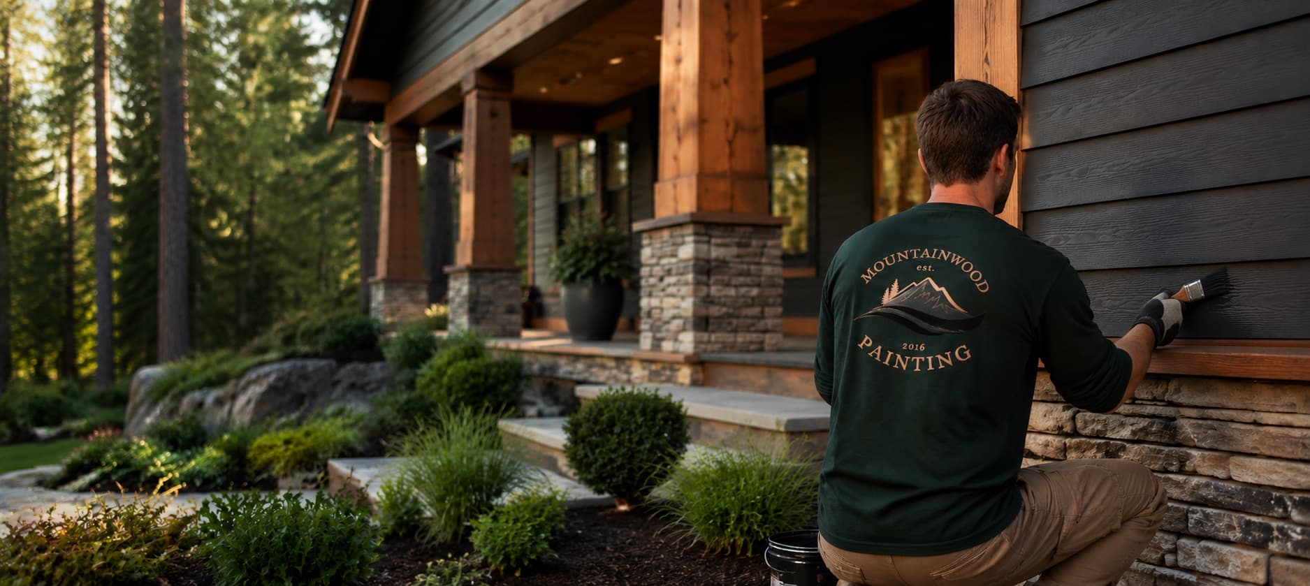 A MountainWood painter finishing the dark wood siding of a mountain home with stone accents, surrounded by evergreen forest.