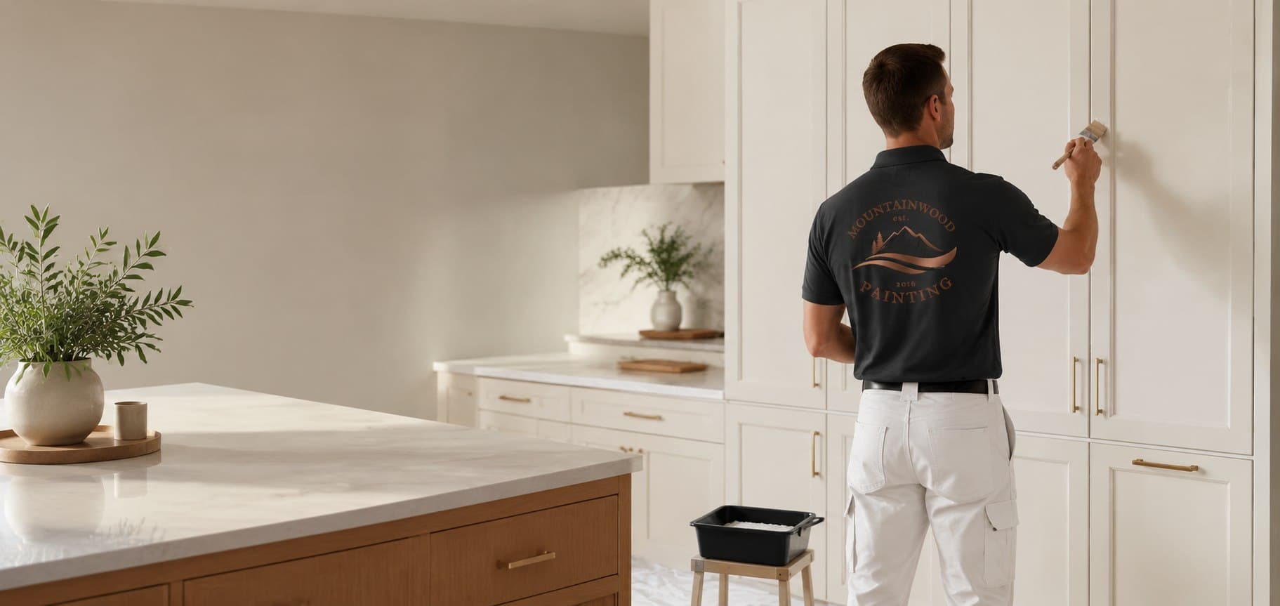 A MountainWood painter refinishing cabinetry in a bright modern kitchen with a wood island and white counters.