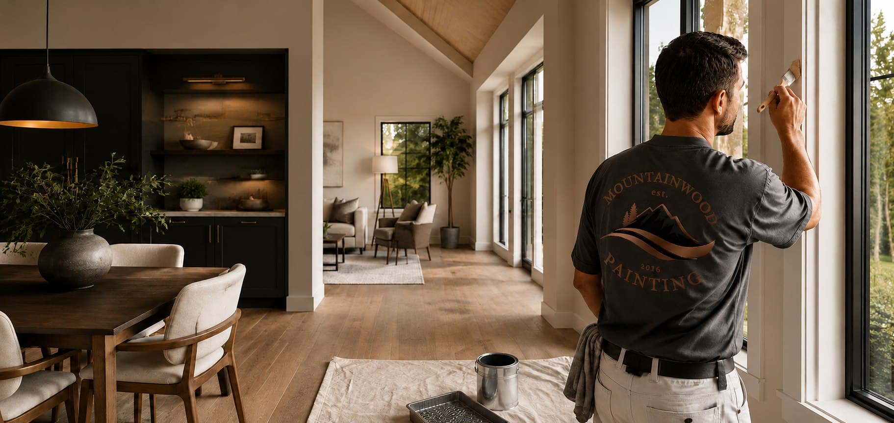 A MountainWood painter in a branded shirt cutting in trim around tall black-framed windows in a moody open-plan living room at golden hour.